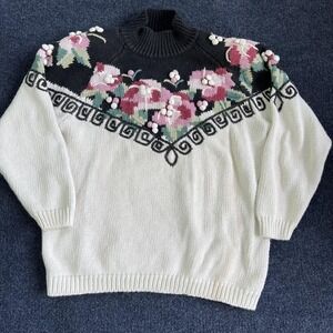 Vintage Charter Club Sweater Womens Medium Black Floral Embroidered Hong Kong